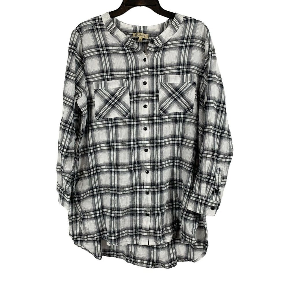 Democracy Black White & Silver Long Sleeve Button Down Split Hem Shirt Size L